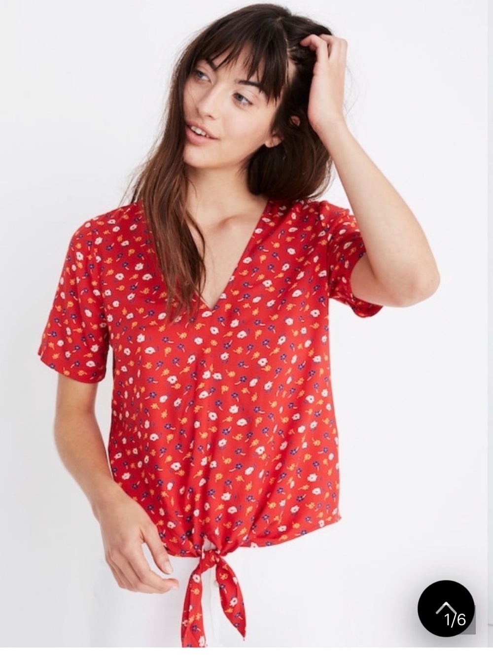 Madewell Red Floral Tie-Front V-Neck Top
